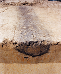 838919 Afbeelding van een laag met asresten in een bodemprofiel op het terrein van een archeologische opgraving aan de ...